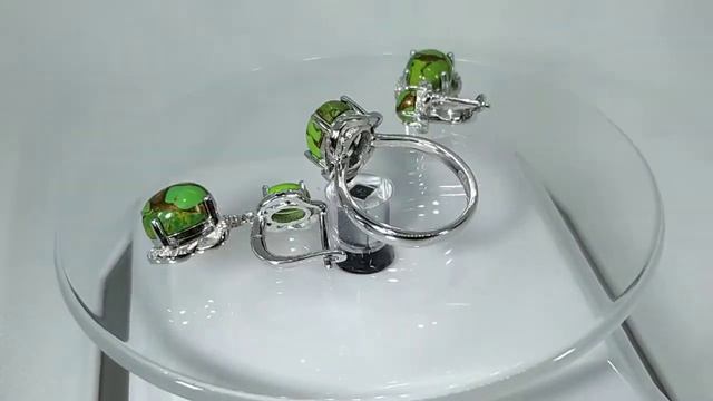 Серьги и кольцо с натуральной зеленой купер бирюзой Серебро 925