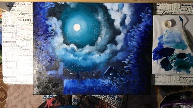 Простой пейзаж Ночь.луна.коты OIL рисовать пальцами 2 часть смотреть онлайн