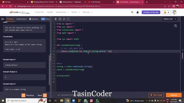 Competitive Coding Solution in Python Hindi | No.  1 | Count Words | TasinCoder |