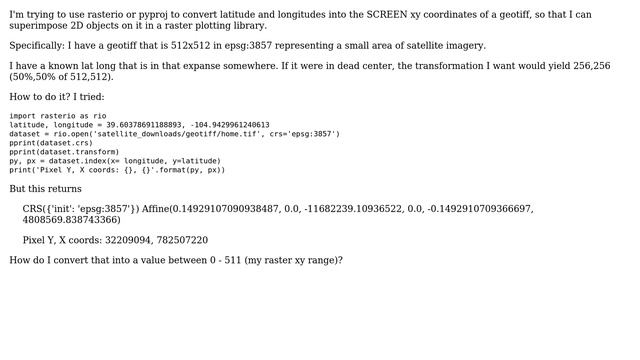 GIS: Convert from latitude, longitude to geoTIFF screen pixel x,y coordinates in Python смотреть онлайн