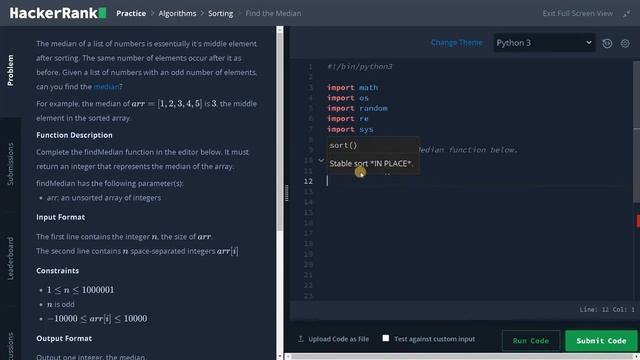 161 - Find the Median | Sorting | Hackerrank Solution | Python