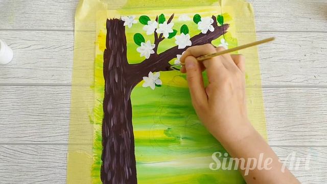 Рисуем весеннее дерево и пчёл гуашью. Яркая картина своими руками. смотреть онлайн