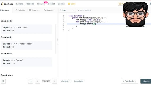 Leetcode Question 387 "First Unique Character in a String" in Java смотреть онлайн