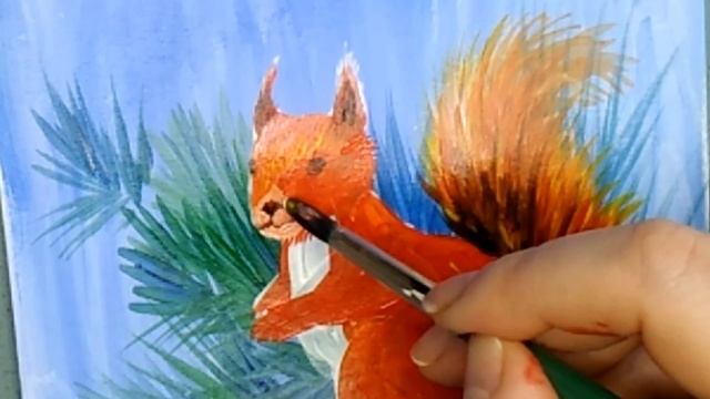 Рисунок белочки на ёлке поэтапно.  Рисунок акриловыми красками. Зимняя открытка своими руками. ????