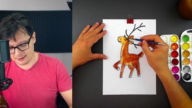 Как нарисовать ОЛЕНЯ зимой - рисуем красками с РыбаКит смотреть онлайн