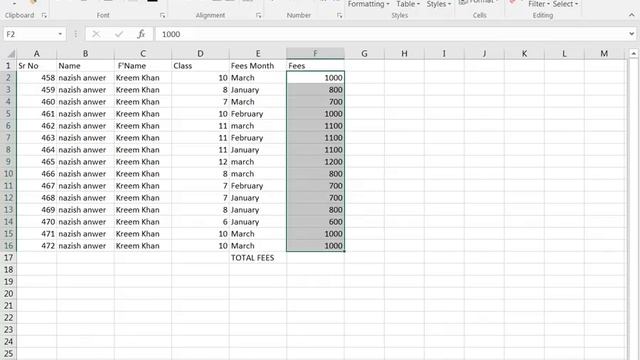 School Fees Report Excel Tutorial in Hindi - एक्सेल
