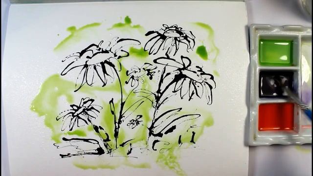 Imaginary flowers using three colours. Using Daler Rowney Acrylic ink and drawing with the stopper. смотреть онлайн