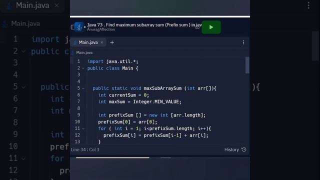 Java DSA 73 • Find Maximum Sub Array Sum Using Prefix Sum in Java • Quadratic Time Complexity