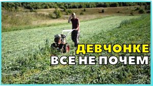 Как девушка управляется с роторной косилкой на мотоблок. Скосили овес с люцерной. Получили посылку.