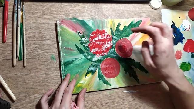 пионы рисунок гуашью. gouache drawing flowers. смотреть онлайн
