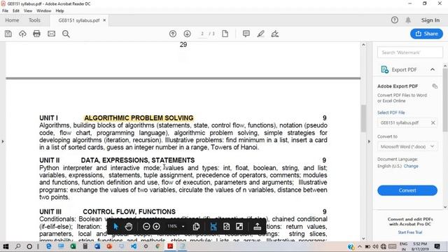 GE8151 Syllabus analysis Problem solving and Python programming