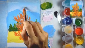 Простой пейзаж гуашью ПОЭТАПНО. Как нарисовать осень гуашью.