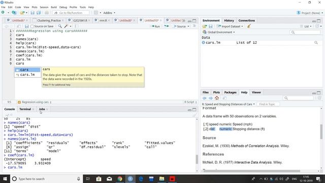 Regression using Dataset Cars in R / R studio Tutorials. смотреть онлайн