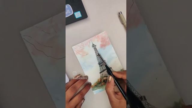 Let's paint the Eiffel tower in an autumn background | Watercolor tutorial #watercolortutorial