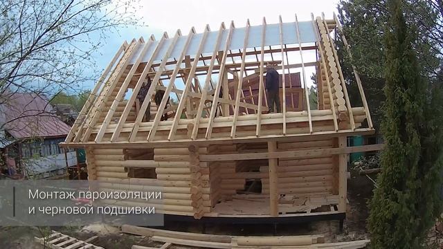 Строительство бани из оцилиндрованного бревна с мансардным этажом.