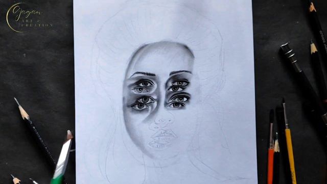 illusion face drawing with graphite pencil and charcoal powder