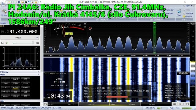 11.05.2023 07:43UTC, [Es], Rádio Jih Cimbálka, Чехия, 91.4МГц, 1586км, 500Ватт