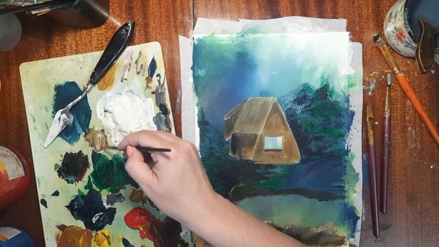 Как нарисовать домик в лесу. Нарисуем пейзаж. Как нарисовать лес. Летний пейзаж гуашью.