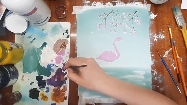 Как нарисовать фламинго. Картина для интерьера. Розовый фламинго гуашью. Правополушарное рисование.