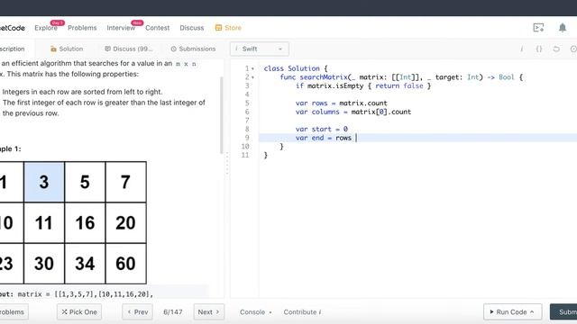 Leetcode 74: Search a 2D Matrix - Swift Programming Language Solution