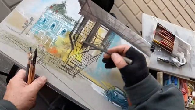 Городская зарисовка Пастель Пленэр Реальное рисование без фото+шопа Честное искусство UrbanSketch смотреть онлайн
