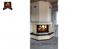 Традиционный угловой камин на дровах и мраморной отделкой: топка АСТОВ ПП 8857, дымоход Феникс