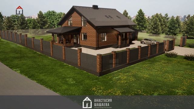 Дом с мансардным этажом, верандой и гаражом / Баварская кладка / Проект дома К-243