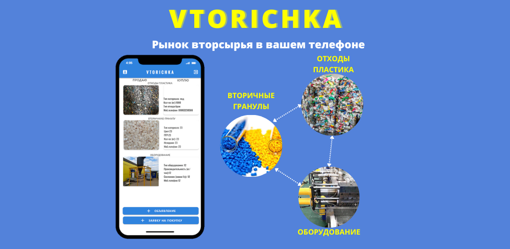 VTORICHKA отходы пластика вторичные гранулы оборудование переработка вторсырья полимеры приложение