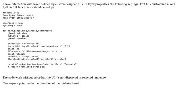 GIS: Edit UI - Python Init function localization with QTranslator? (2 Solutions!!)