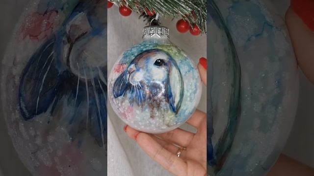 Арт. С47  Шар с ручной росписью 80 мм «Акварельный кролик»