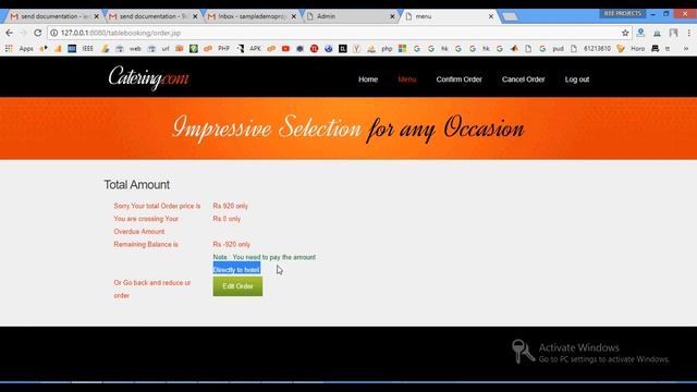 Online Resturent Table Booking with Menu items in Java