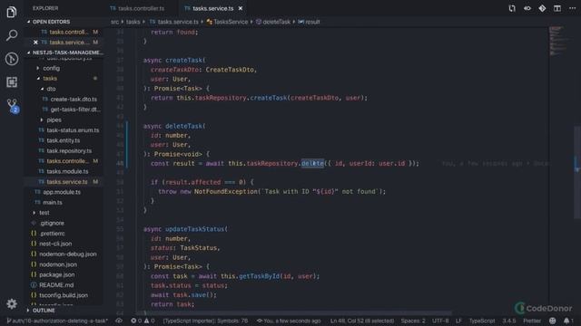 Lecture 60. Authorization Deleting a User's Task |  Modern TypeScript | JS | Master NestJS (2021)