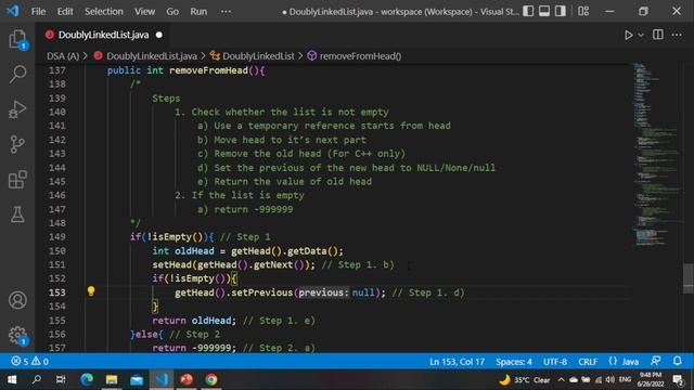 [Java Example] Lecture 23b - Removing the  value of head from DoublyLinkedList (Another scenario)