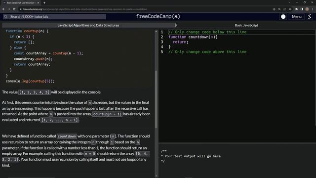 JavaScript Basic 112: Use Recursion to Create a Countdown | FreeCodeCamp
