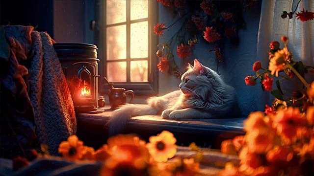 Purring Cat And Relaxing Fireplace Sound L Cozy Ambiance L Study With Purring Cat L Sleep