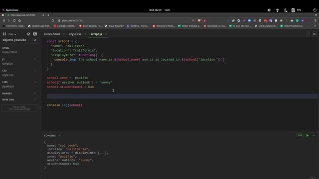 Learn Javascript Objects ~ Create, modify, and console.log()