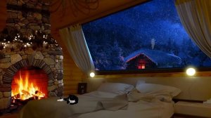 Cozy winter hut ambience & cat | Fireplace sounds and snowfall