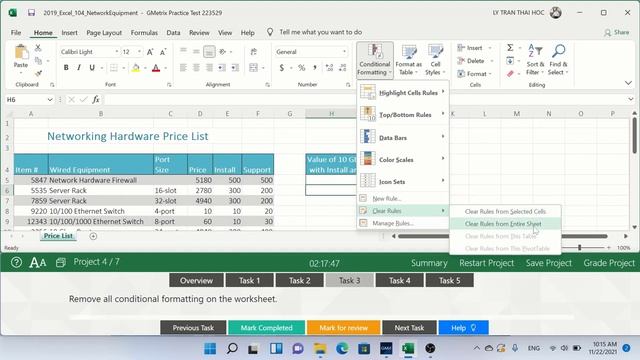 GMetrix - MOS Excel 2019/365 (MO-200) Exam 1 - Project 4: Network Equipment