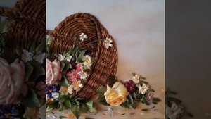Картина "перевёрнутая корзина  с цветами"Вышивка лентами.