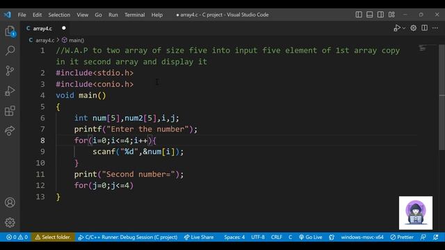 Two array of size five into input five element of 1st array copy in it second array and display it.