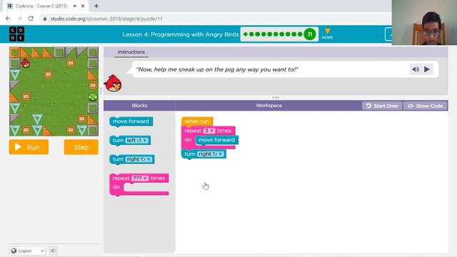Coding for beginners and kids with CODE.ORG - Basic Repeat Block -  Course C Lesson4 Practice11