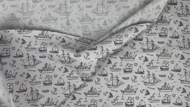 Ткань поплин стрейч принт "Корабли " цв.№ 1 на сером смотреть онлайн