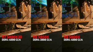 R7 5800X3D DDR4-4000 vs. R9 5950X DDR4-3866 vs. R9 5900X DDR4-4000 Cyberpunk 1440p RTX ON Compariso