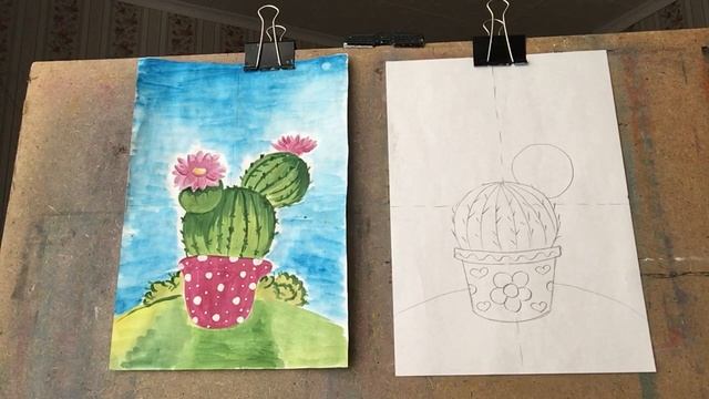 Здравствуйте. Тема «Нотокактус» от 09.03.21 акварель, пастель, гуашь, фломастеры, цв карандаши смотреть онлайн