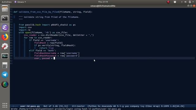 Emacs Screencast : EP03 login using hash in python (Fixing some bugs)