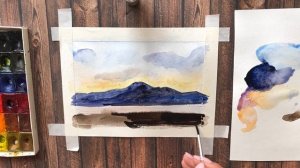 Закат в горах. Как нарисовать осенний пейзаж акварелью. Поэтапное рисование для начинающих