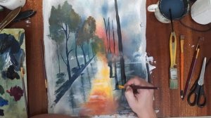 Как нарисовать осень в городе. Осенний пейзаж гуашью. Рисуем осень в парке. Картина для интерьера.