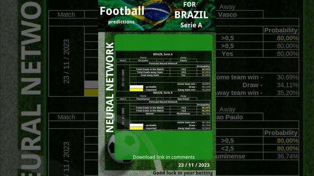 Прогноз на футбольные матчи BRAZIL Serie A  23 / 11 / 2023