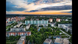 Бердск с квадрокоптера. Дом культуры Родина, Микрорайон, улицы: Лунная, Красная Сибирь, Космическая