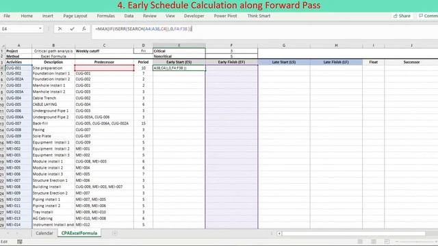 Critical path analysis using Excel functions and formulas.